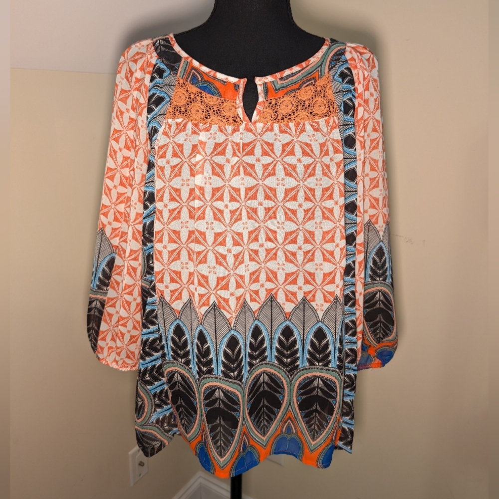 Fig & Flower Colorful Boho Lace Panel Tunic Blouse Medium
